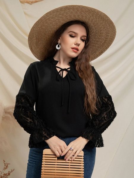 

plus frilled tie neck fuzzy flounce sleeve blouse a9nc#, Black