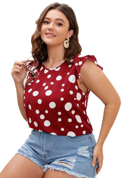 

plus polka dot print ruffle sleeve blouse d1vl#, Black