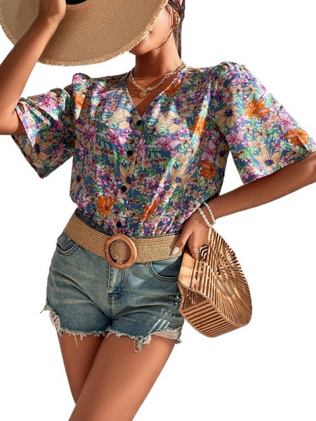 

allover floral print puff sleeve button through blouse k1fm#, White