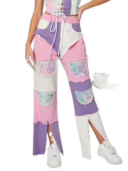 

x ji yeon lee patchwork colorblock frayed split pants j9fb#, Black;white