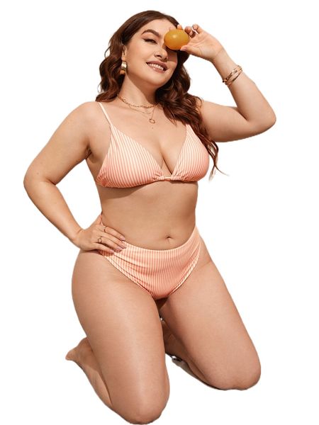 

plus striped tie back triangle bikini swimsuit x9qk#, White;black
