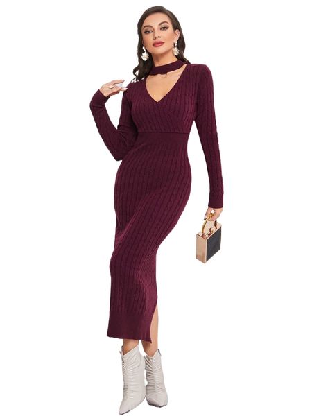 

keyhole neck slit hem rib-knit sweater dress 43vv#, White;black