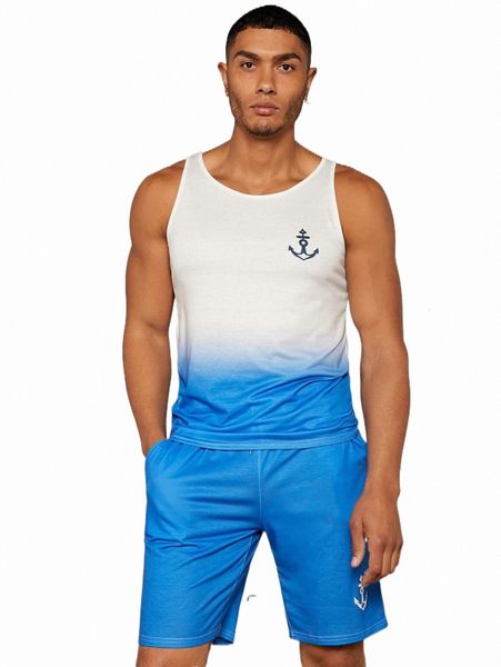 

men ombre anchor print tank with shorts w8y8#, Gray