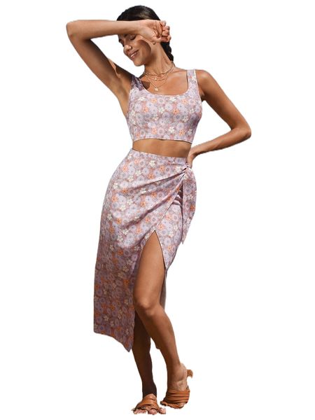 

allover floral print crop cami & tie side split thigh skirt x9hr#, White