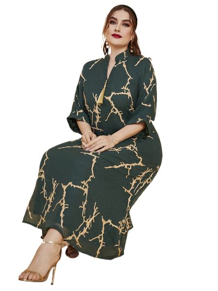 

plus graphic print notched neck tassel detail tunic dress f7vw#, Black