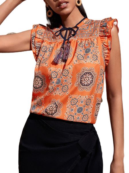 

mandala print tassel tie neck ruffle trim blouse g0ui#, White