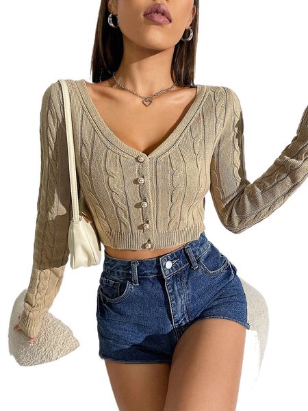 

cable knit button front crop cardigan n71m#, White;black