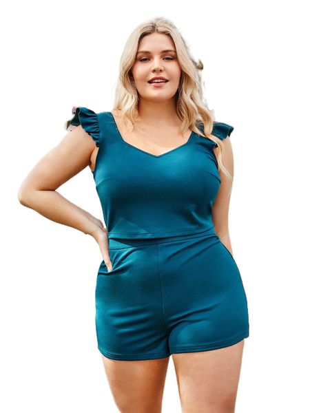 

plus sweetheart neck ruffle trim & shorts f8b1#, Black