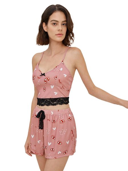 

heart & figure graphic contrast lace bow front pj set b8ih#, Black;red