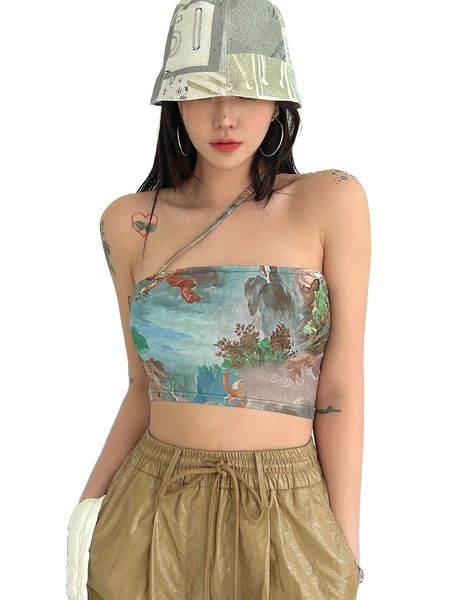 

dazy landscape print asymmetrical strap one shoulder crop 56wr#, White