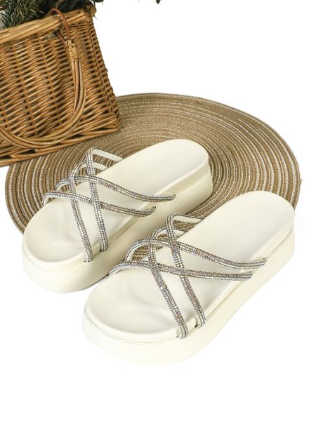 

rhinestone decor flatform slide sandals p63u#, Black;white