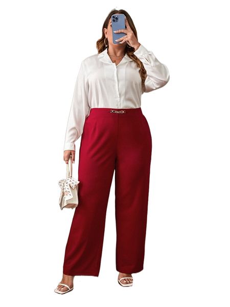 

plus solid lapel neck shirt & wide leg pants y6b9#, Black