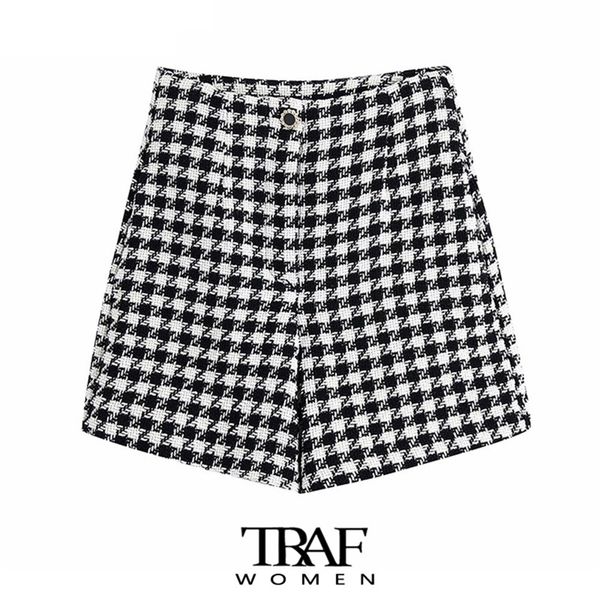 

traf women fashion houndstooth tweed bermuda shorts vintage high waist zipper fly female short pants mujer 220419, White;black
