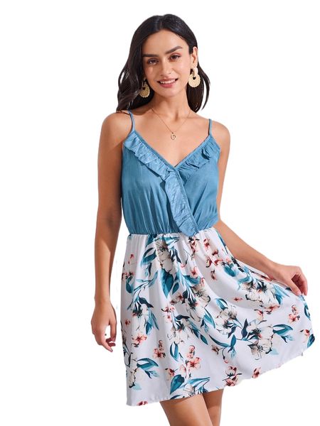 

floral print ruffle trim overlap collar cami dress r4it#, Black;gray