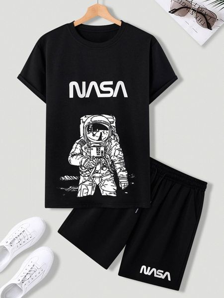 

men random spaceman & letter graphic tee & drawstring shorts 14do#, Gray