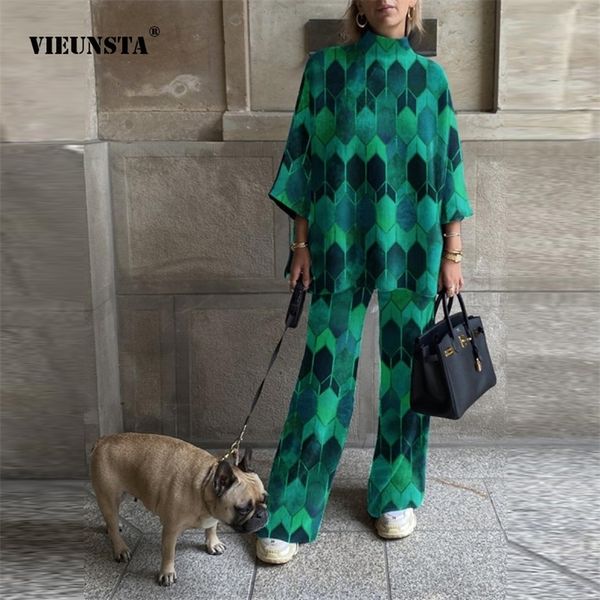 

womens digital printing straight twopiece suit 34 sleeve casual sports tracksuit winter wide leg pants loose suit spring 220720, White