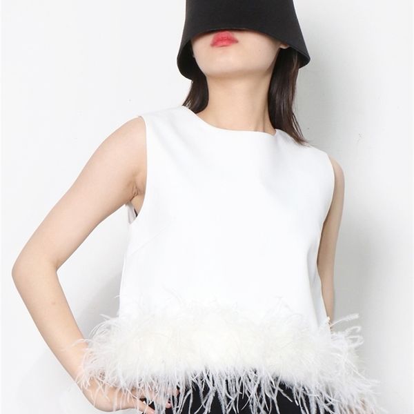

twotwinstyle white chic patchwork feather vest for women round neck sleeveless casual tank female fashion clothing 220316