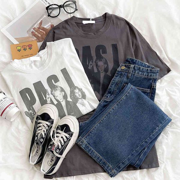 

women's t-shirt 2022 american portrait letter print street style loose casual versatile cotton short sleeve e26c, White