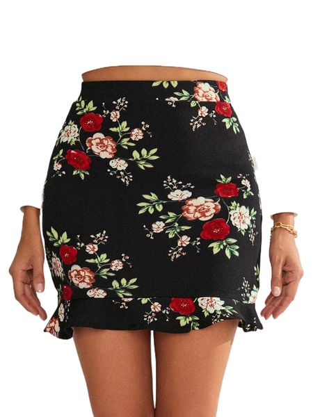 

floral print ruffle hem skirt h4kw#, Black
