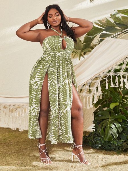 

sxy plus plant print cutout tie backless split thigh dress x6hh#, Black