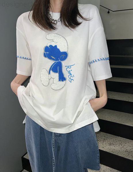 

women's t-shirt designer chaopai 22 spring and summer new short sleeve fault manual suture splicing flocking nail bead piece smurf t-sh, White