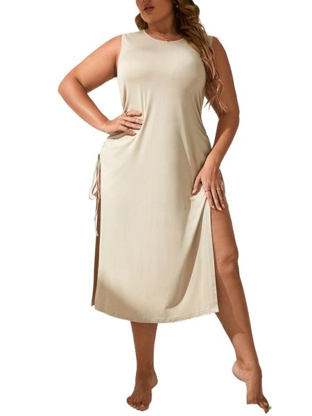 

plus drawstring side split thigh nightdress x8q0#, Black;white