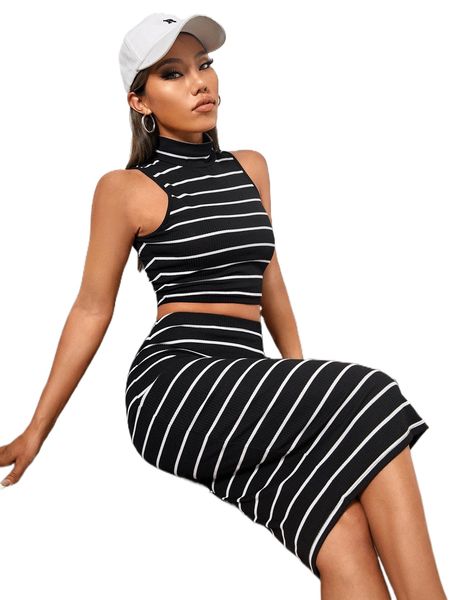 

petite striped mock neck crop tank & skirt l2bi#, White