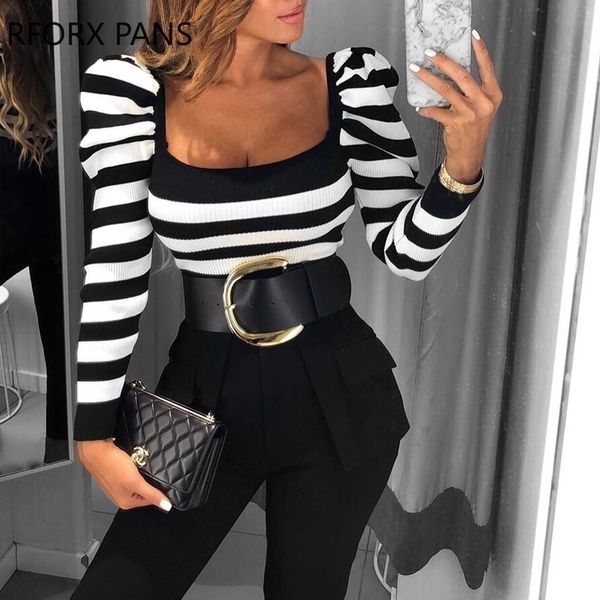 

striped puff sleeve casual blouse women blouse y200402, White