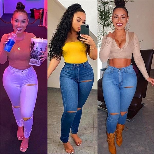 

women casual jeans spring /summer washed distressed holes stretch skinny jeans solid color denim pants ladies pencil pants 210302, Blue