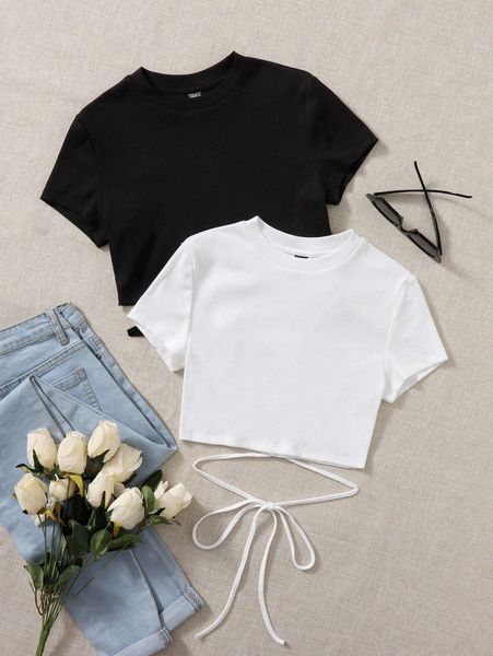 

2pcs self tie ribbed knit crop tee a5iv#, White