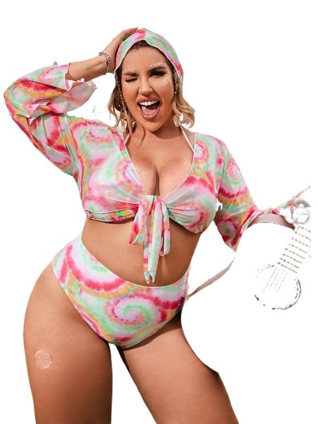 

plus 4pack tie dye triangle halter high waist bikini swimsuit a4s7#, White;black