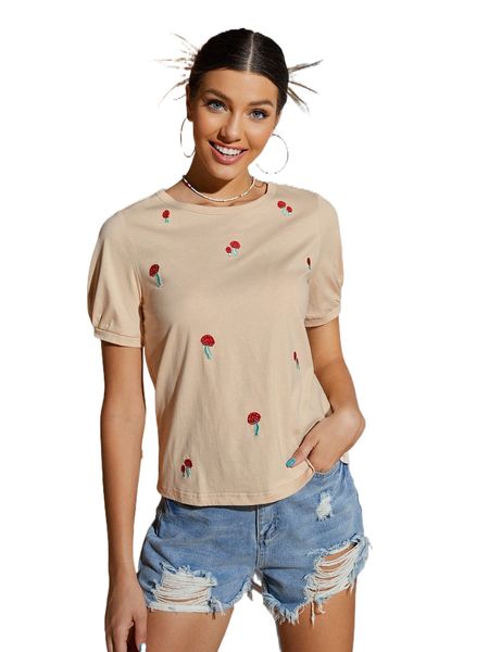 

x saramiel art mushroom embroidery round neck tee h28h#, White