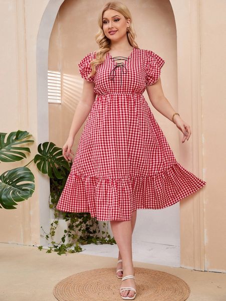 

plus gingham grommet lace up ruffle hem dress d8qe#, Black