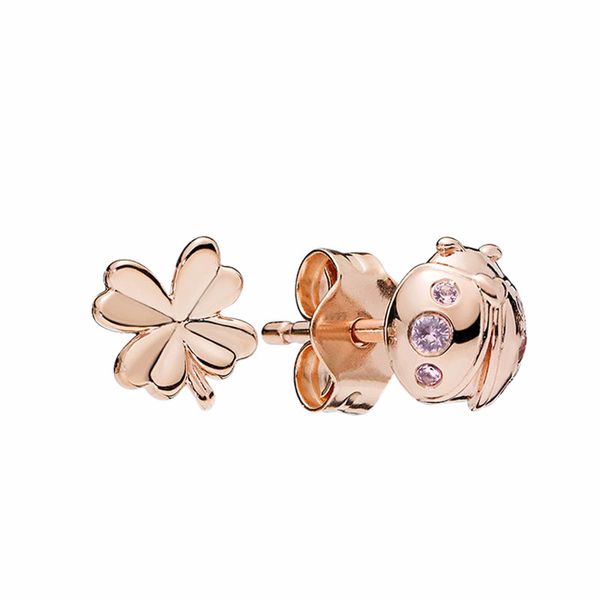 NOVITÀ Orecchini a bottone con trifoglio e coccinella Placcato in oro rosa Moda Donna Ragazze Regalo con confezione originale al dettaglio per orecchini in argento Pandora 925