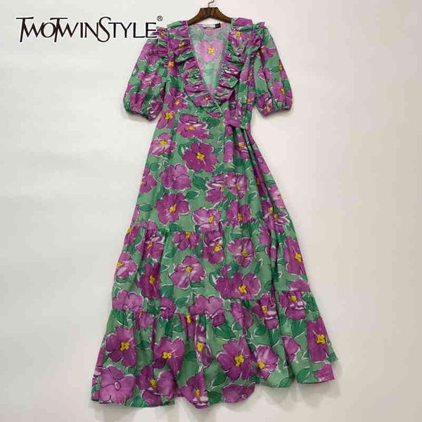 

vintage print floral dress for women v neck puff sleeve high waist hit color spring dresses female fashion 210423, Black;gray