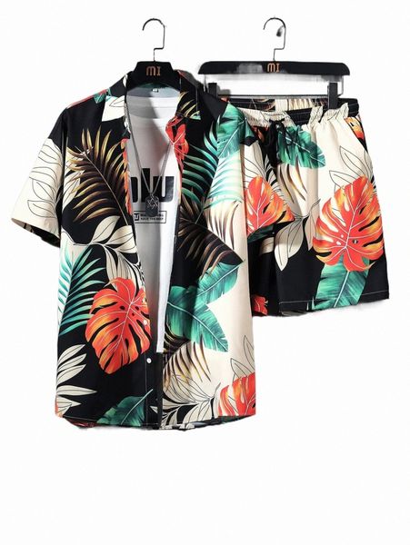 

men random tropical print shirt & drawstring waist shorts without tee p9yp#, Gray