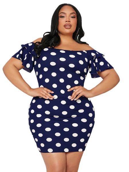 

sxy plus polka dot off shoulder ruffle sleeve bodycon dress m6ry#, Black
