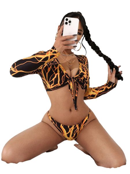 

marble print tie front long sleeve bikini swimsuit d1bo#, White;black