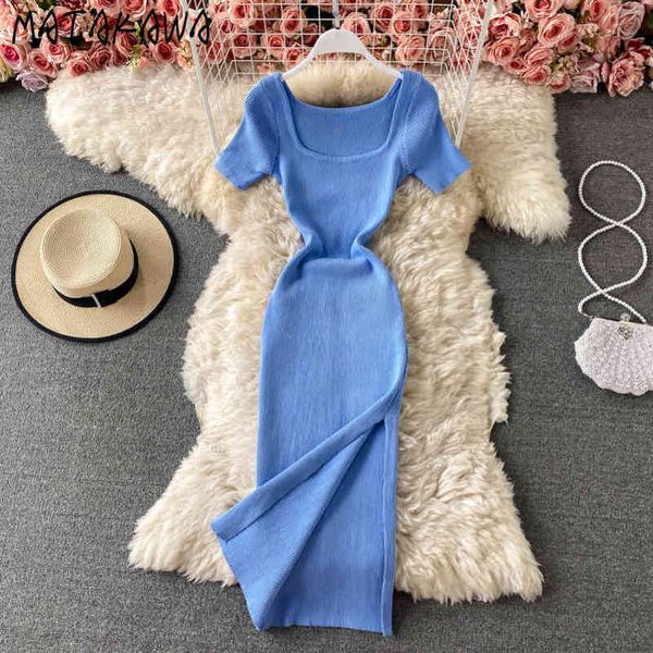 

slim black dress summer knitted dreeses for women square neck split robe femme bodycon vestido feminino 210506, Black;gray