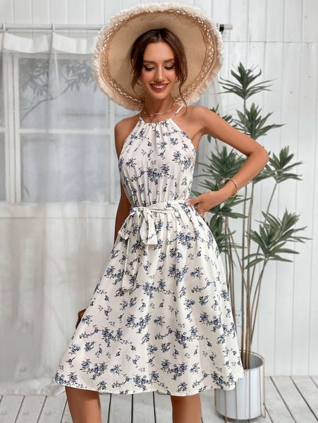 

allover floral print belted halter dress 70nt#, Black;gray