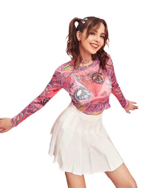 

romwe x chanran kawaiiluv figure graphic lettuce trim mesh crop l6oh#, White