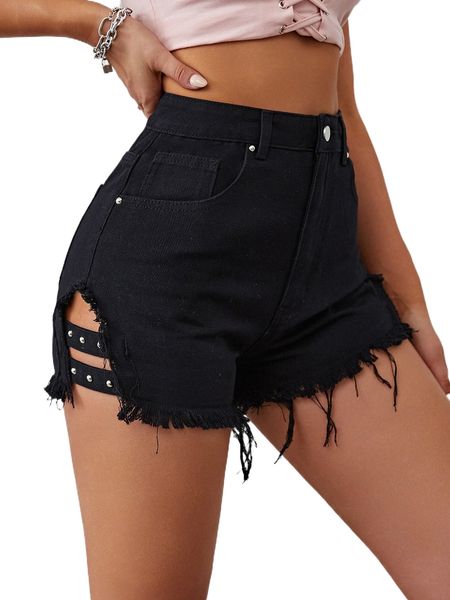 

raw hem taped detail high waisted shorts e2nt#, White;black