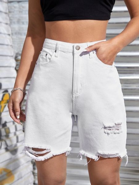 

high waist ripped frayed raw hem denim shorts r7l2#, White;black
