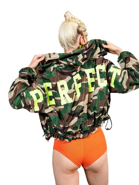 

camo & letter graphic hooded jacket v7ck#, Black;brown