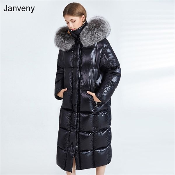 

janveny shiny waterproof long puffer down jacket women big real raccoon fur hooded winter duck down coat female loose parkas 211215, Black