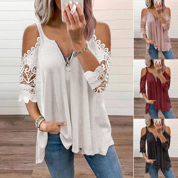 T-Shirt da donna 2022 Abbigliamento estivo Sexy Spalle scoperte Patchwork in pizzo Scollo a V Casual Elegante Tunica Moda Donna Top Taglie forti