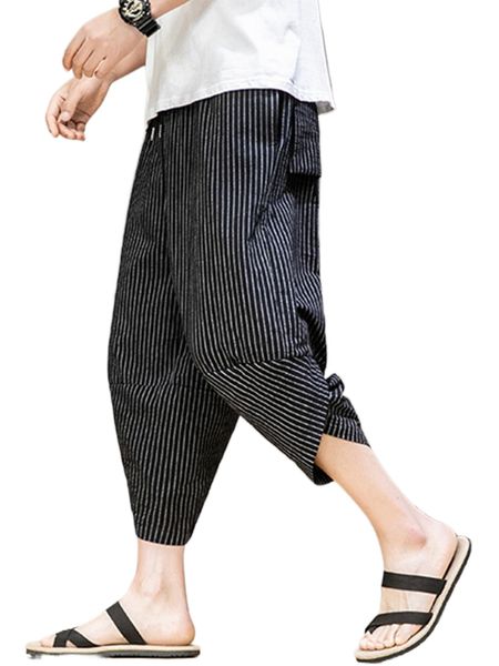 

men vertical striped tulip hem drawstring waist pants i368#, Black