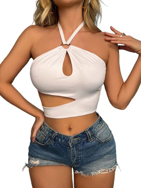 

o-ring front cutout tied backless halter crop r6q7#, White