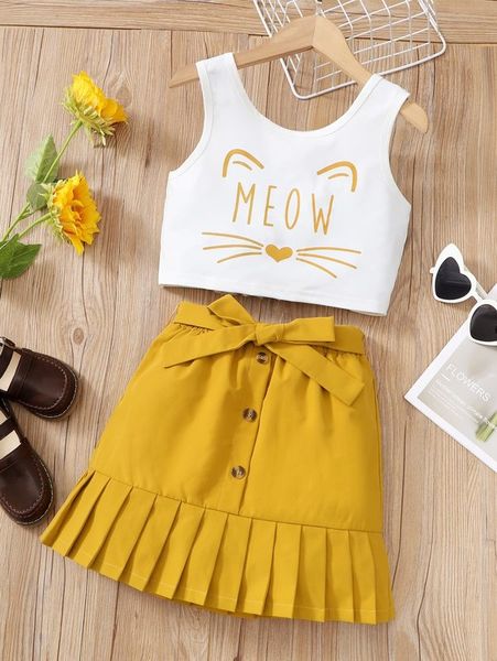 

girls letter & cartoon graphic tank & pleated hem belted skirt she, White