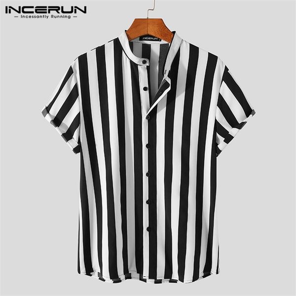 

men striped shirt brand stand collar streetwear short sleeve button casual camisa hombre leisure fashion incerun s-5xl 220810, White;black